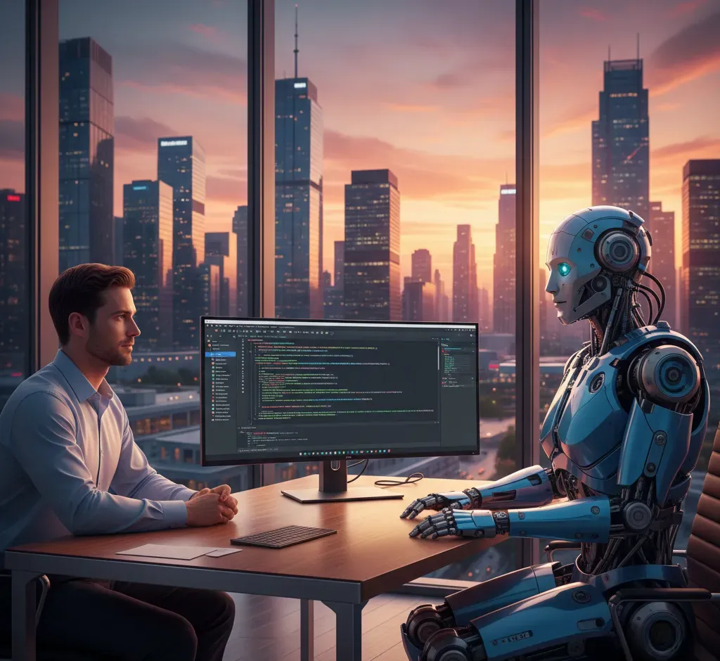 A man and a humanoid robot sit across from each other at a desk with a monitor displaying code, in a futuristic office setting with a glowing city skyline at sunset visible through large windows."