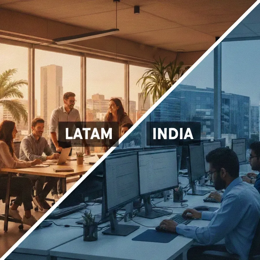 A diagonal split-image comparing two regional office environments, labeled 'LATAM' on the left showing a warm, collaborative open-plan workspace with a team gathered around a table, and 'INDIA' on the right showing a focused.
