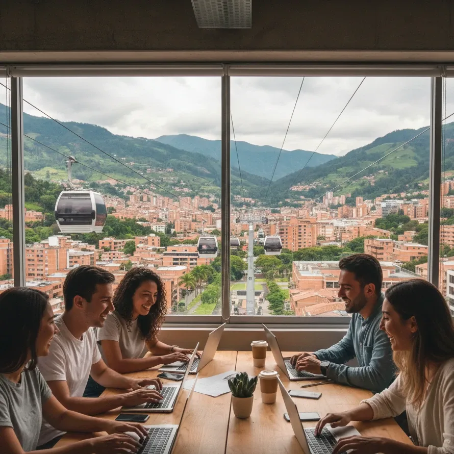 A group of five young people sit together at a wooden table in a café, engaged in casual conversation, with a large window behind them revealing a stunning panoramic view of a dense urban hillside city and mountains.