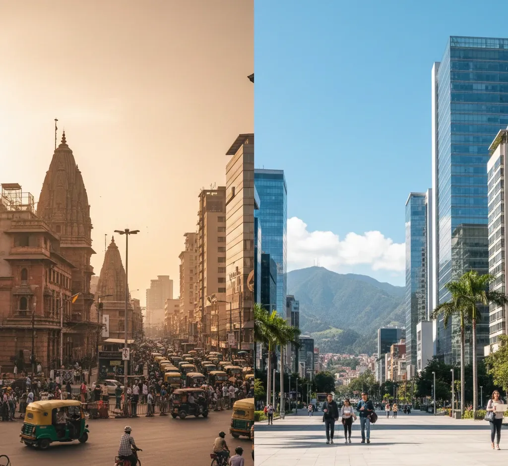 A split-image contrasting two cityscapes: on the left, a busy traditional South Asian street with a historic temple and heavy traffic in warm golden light; on the right, a modern urban boulevard with sleek glass skyscrapers, palm trees.