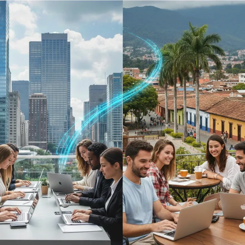 A split-image showing two groups of smiling professionals working on laptops, connected by a glowing blue digital link, with a modern glass skyscraper cityscape on the left and a vibrant colorful colonial-style town with lush greenery on the right.
