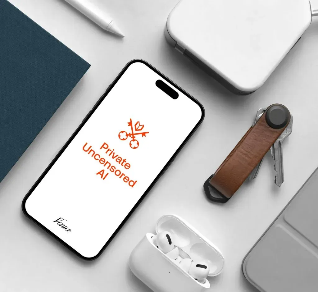 A smartphone displaying a minimalist white app interface with an orange logo lies flat on a light grey surface, surrounded by wireless earbuds, a leather key organizer, and a small white device.